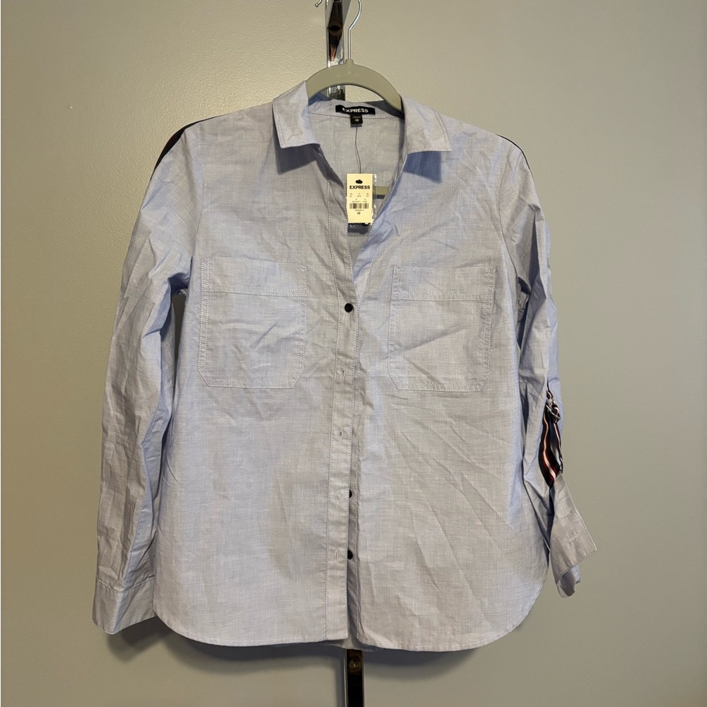 Express Women’s Button Down Blouse Light Blue Ribbon Trim XS Cotton NWT
